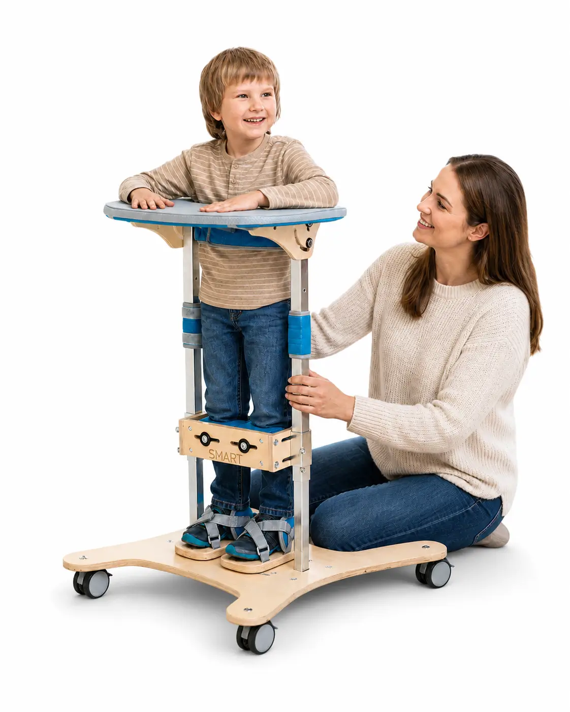 Child using a smart stander with adult support. BES Healthcare Ireland assistive technology and positioning equipment.